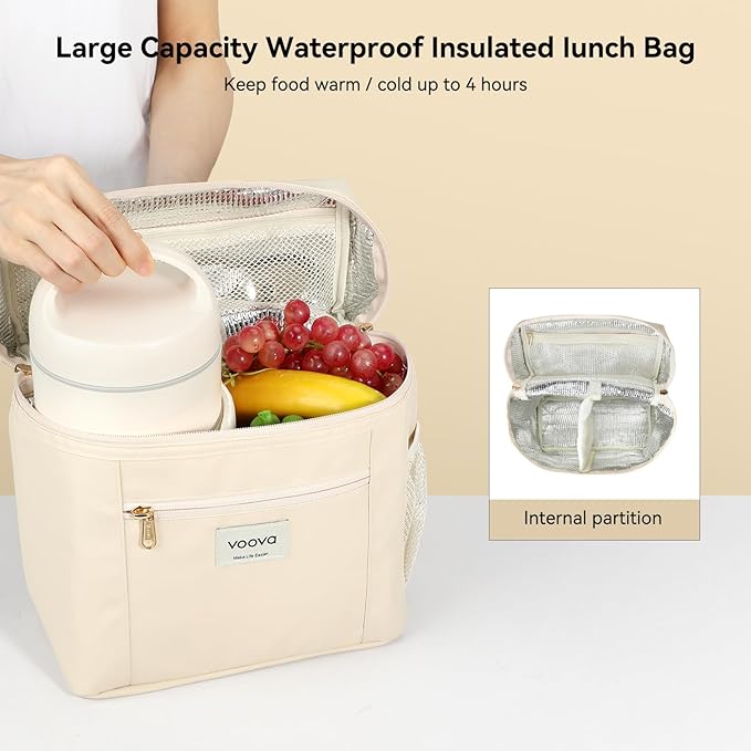 Voova Stackable Stainless Steel Thermal Lunch Box with Lunch Bag and Cultery Set for Adult Women Men, 3 Tier Leakproof & Microwave Safe Insulated Bento Boxes Food Container for Work, Beige