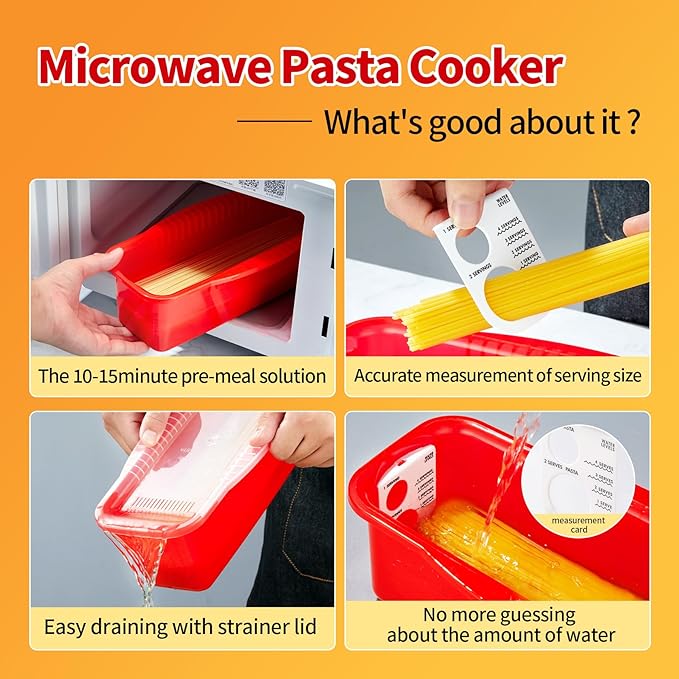 Microwave Pasta Spaghetti Cooker Pot with Strainer Lid,Pasta Cooker in Microwave with Water Level and Spaghetti Portion Measuring Device,Dormitory Office Apartment Kitchen Essentials