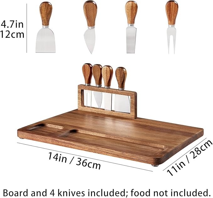 Acacia Wood Charcuterie Board, Cheese Board Set with Magnetic Knife Holder, 14"x 11" Large Serving Tray for Meat and Cheese, Ideal Gift for Anniversary, Christmas, Thanksgiving, Wedding, Halloween