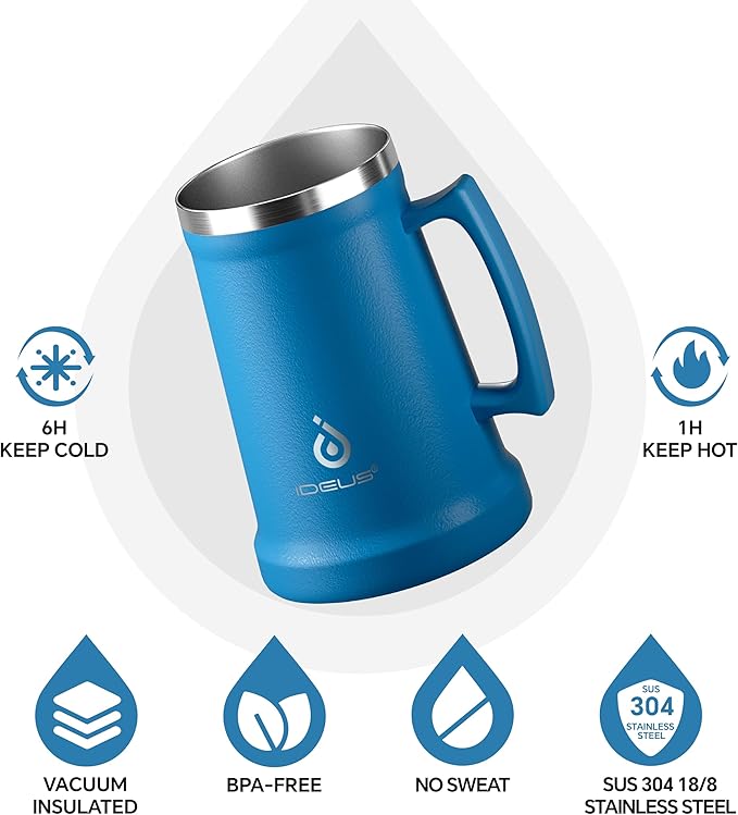 Ideus Insulated Beer Stein, 24/32oz Stainless Steel Double Walled Beer Mug Giant Bar Drinkware Metal Beer Cup with Big Grip Handle (Cerulean, 34oz (1,000ml))