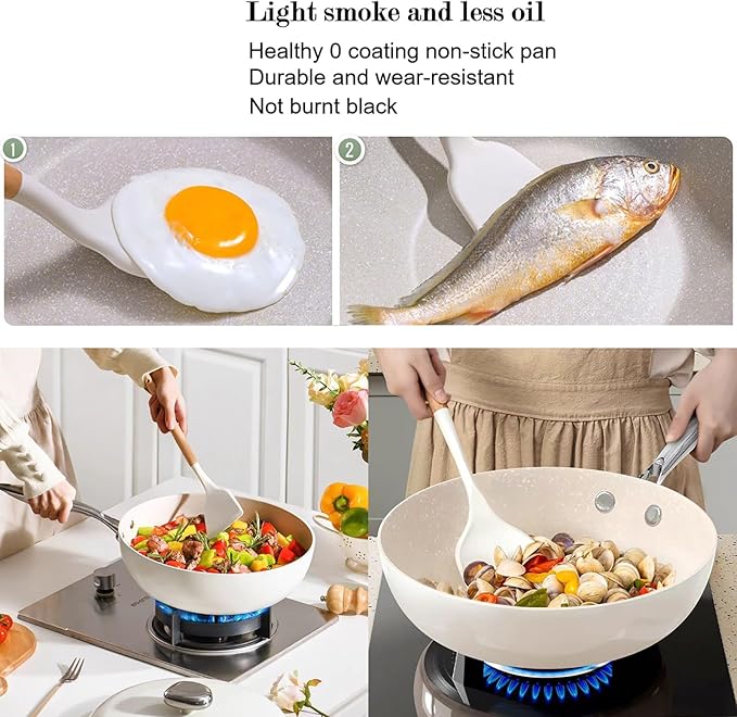 Nonstick Frying Pan Skillet with Lid,12'' Large Deep Frying Pan,6Qt Nonstick Ceramic Saute Pan, Non Toxic, PTFE & PFOA Free - Oven Safe & Compatible with All Stovetops (Gas & Induction) (Off white)
