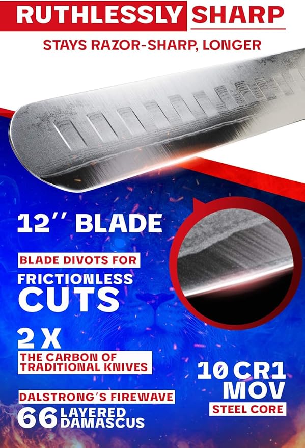 Dalstrong Slicing Knife - 12 inch Slicer - Firestorm Alpha Series - Premium 10Cr15CoMoV High-Carbon Steel Carving Knife - Traditional Japanese Wa Stabilized Wood & Resin Handle Kitchen Knife - Sheath