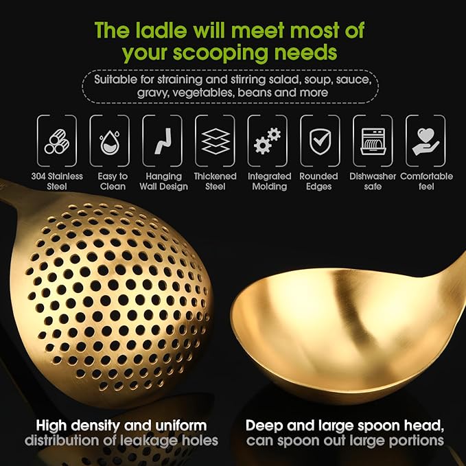 Patelai Hot Pot Slotted Ladle Set Stainless Steel Soup Ladle Strainer Scoops Cooking Skimmer Cookware Utensil for Hotpot Scooping Sauce Serving, 12 Inch(2 Pcs,Gold)