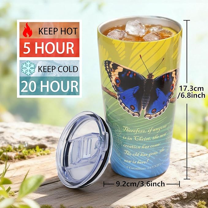 20oz Christian Butterfly Tumbler - Double Vacuum Insulation | Faith-Inspired Travel Coffee Mug, Religious Symbol of Resurrection, Leak-Proof Tumblers Cup for Hot/Cold, Thoughtful Gift