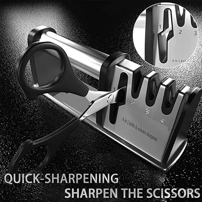 Kitchen Knife Sharpener – 4-in-1 Knife Sharpening System for Scissors, Knives, Blades – Sharpening Tool with Ergonomic Handle and Anti-Slip Base – Tungsten Steel Blade Sharpener
