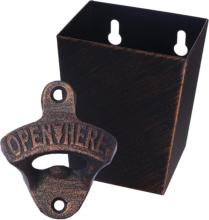 Antique Copper Cast Iron Beer Bottle Opener Wall Mounted Soda Drink Bottle Top Opener with Cap Catcher Narrow for Table Cooler Post