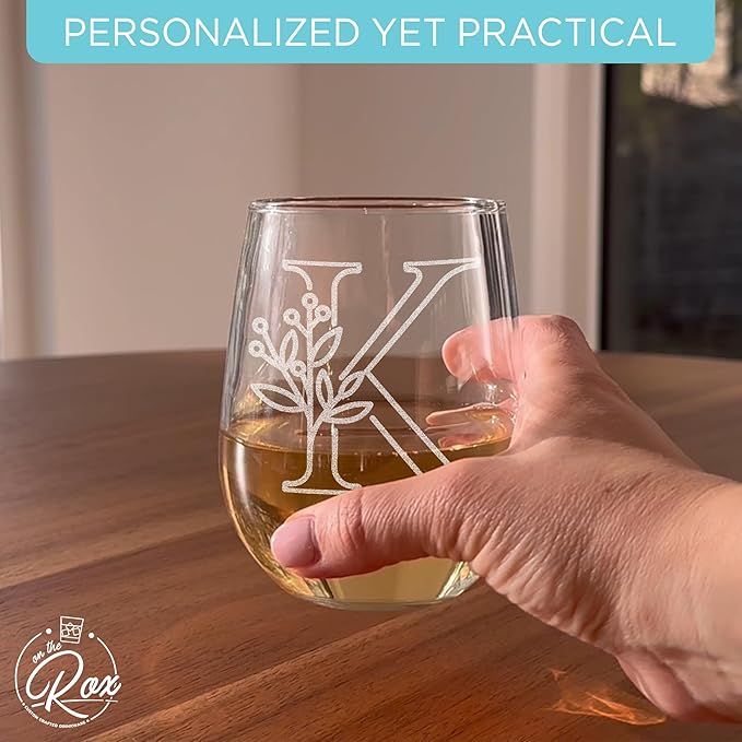 On The Rox Drinks Monogrammed Gifts For Women and Men - Letter A-Z Initial Engraved Monogram Stemless Wine Glass - 17 Oz Personalized Wine Gifts For Women and Men (K)