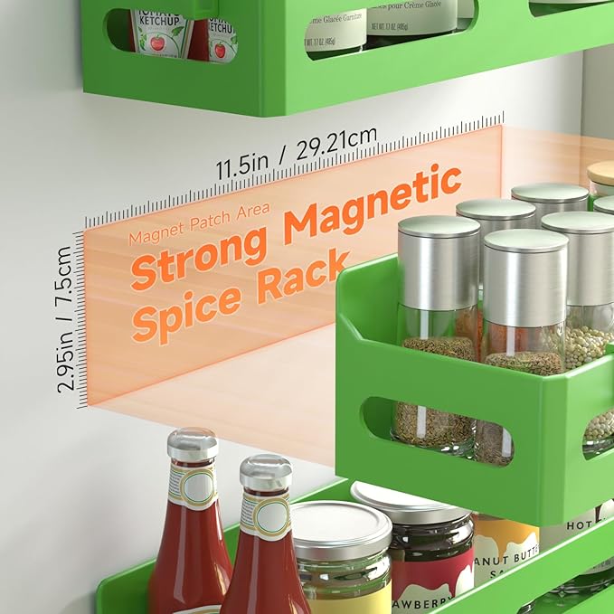 4 Pack Magnetic Spice Rack for Refrigerator, Spice Rack Organizer, Moveable Magnetic Shelf Fridge Organizer with 4 Hooks for Kitchen and Oven Organization, Green