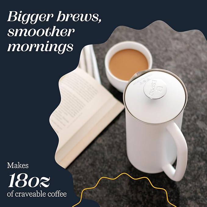 ESPRO P7 French Press Stainless Steel 304 – Patented Double Walled Micro-Filter Insulated French Press Coffee Maker, Grit-Free Brew - Heat Resistant BPA Free - Matte White (18oz)