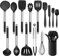 LIANYU 15-Piece Kitchen Cooking Utensils Set with Holder, Silicone Kitchen Tools Stainless Steel Handle, Slotted Spatula Spoon Turner Tong Whisk Brush for Cooking, Black