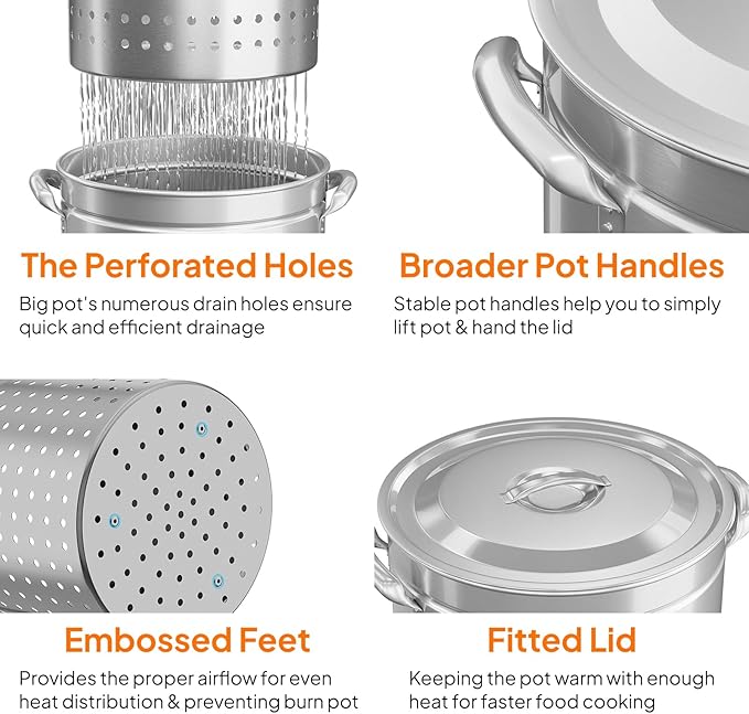 Bonnlo 36QT Turkey Fryer Pot with Steamer Basket, Lid & Lifting Hook, Stainless Steel Seafood Boil-Pot for Lobster, Crab & Shrimp, Heavy-Duty Deep Stockpot for Outdoor Boiling, Cooking & Frying