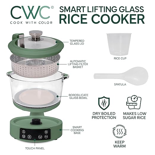 COOK WITH COLOR 3L Glass Mini Low Carb Rice Cooker – Holds 2 Cups Raw/Makes 6 Cups Cooked with Auto Lift Filter Basket, Hotpot & Steamer for Rice, Grains, Digital Panel with Keep Warm, Dark Sage