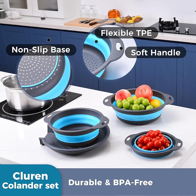 Collapsible Colander Set with Universal Draining Tray | 3-Pack Foldable Kitchen Strainers + Base | Space Saving for Pasta, Veggies, Fruit & Rice | 5 Colors (Gray-Blue)