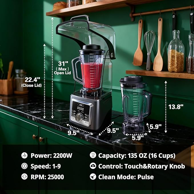 VONCI 2200W Commercial Blender With Sound Enclosure, 135OZ Large Capacity Quiet Blender For Smoothies, Heavy Duty Industrial Blenders For Restaurant, Perfect For Kitchen, Ice Crush, Milk Shake, Fruits