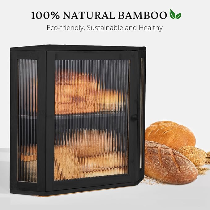 BRONYPRO Double Layer Corner Bread Box for Kitchen Counter with Height-adjustable Partition, Extra Large Black Bamboo Wooden Bread Box for Multiple Loaves, Modern Breadbox for Kitchen Countertop