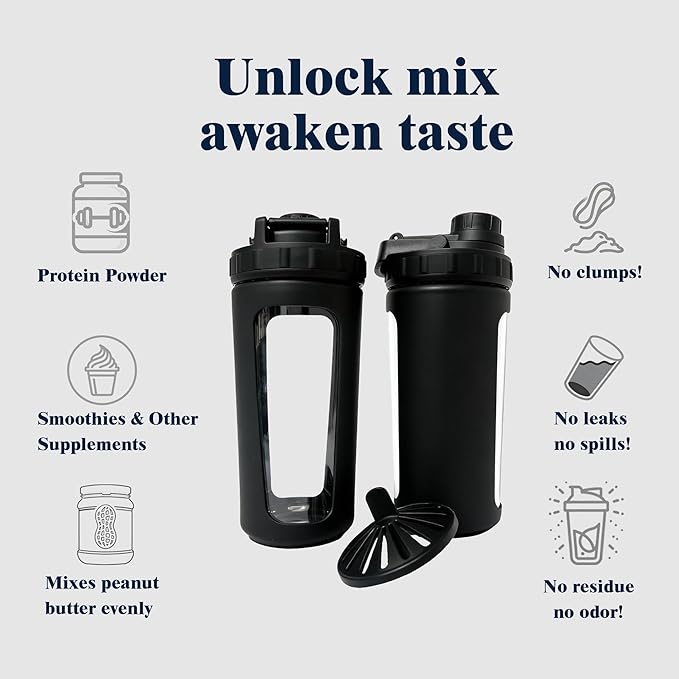 Glass Shaker Cup Odorless BPA Free– Glass Shaker Bottle for Protein 26oz Durable Borosilicate Glass, Leak-Proof & BPA-Free – Ideal for Creamy Protein Shakes, Smoothies & Workout Drinks (Black)