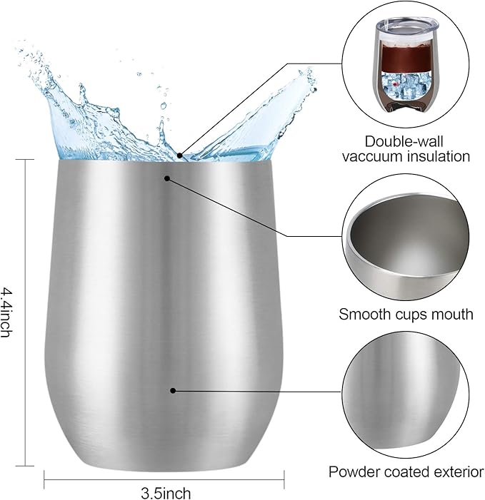 6 Pack Stainless Steel Wine Tumblers, 12Oz Insulated Wine Tumbler, Double Wall Insulated Wine Glass, Stainless Steel Stemless Wine Cups with Lids for Coffee, Wine, Cocktails, Champaign, Silver