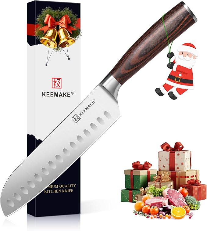 KEEMAKE Chef Santoku Knife - 7 Inch Ultra Sharp Kitchen Knife with Stainless Steel Blade for Cooking Meat Fruit Vegetable with Ergonomic Pakkawood Handle and Gift Box Included