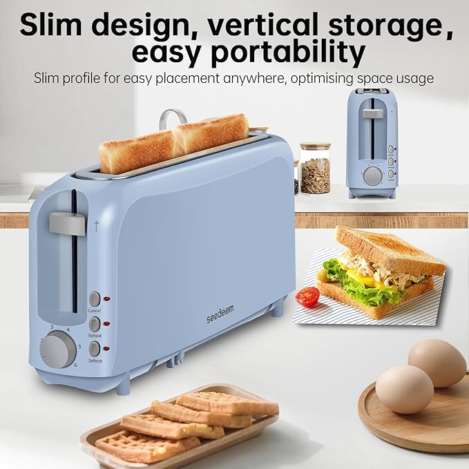 SEEDEEM 2 Slice Slim Toaster, Single 10" Long Slot Toaster Fits Bagels & Artisan Bread, 6 Shade Settings, Cancel/Reheat/Defrost, Removable Crumb Tray, Auto Shut-Off, Blue