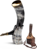 Norse Tradesman Genuine 12" Ox-Horn Viking Drinking Horn with Antique Brass Rim & Wolf Tip, Brown Leather Belt Holster, Fitted Stand & Burlap Gift Sack - The Fenrir, 12-Inches, High Polish