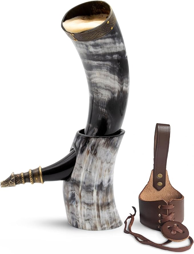 Norse Tradesman Genuine 12" Ox-Horn Viking Drinking Horn with Antique Brass Rim & Wolf Tip, Brown Leather Belt Holster, Fitted Stand & Burlap Gift Sack - The Fenrir, 12-Inches, High Polish