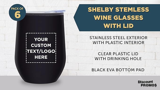Custom Stemless Wine Tumblers 12 oz. Set of 6, Personalized Bulk Pack - Insulated, Perfect for Wine, Cocktails, Other Hot & Cold Beverages - Black