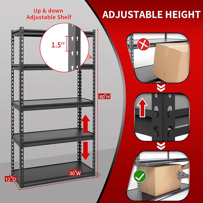 The Atlas 30" W Laminated Heavy Duty Metal Shelving Unit 2000 Lbs Boltless Garage Storage Shelves Utility Rack Shelf Warehouse Pantry Shed 30" W x 12" D x 60" H, Black