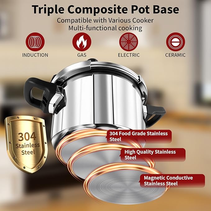 304 Stainless Steel Pressure Cooker 4 QT (4.22 Quart) - Explosion-Proof Safety Lock, One Hand Operation, Fast Cooking, Dishwasher Safe & Induction Compatible Cookware, Deeluban