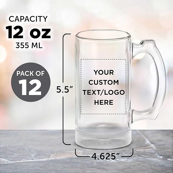 12 Libbey Beer Mugs Set, 12 oz. - Customizable Text, Logo - Groomsmen Glassware - Clear