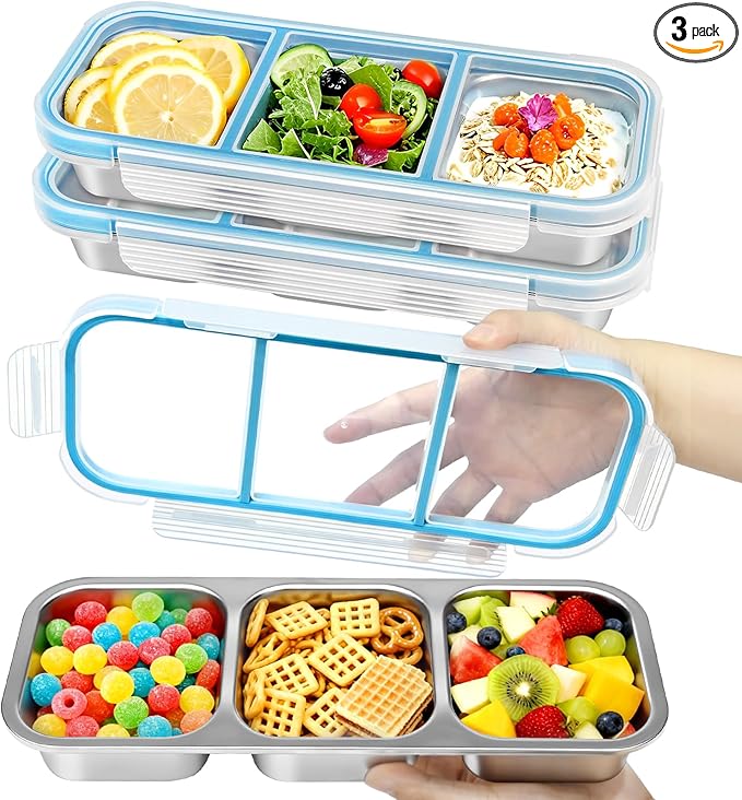 Stainless Steel Snack Containers with Lids, (3 Pack) Snackle Box Airtight Leakproof 3-Compartment Bento Box, Reusable Food Storage Container for Lunch, Travel, Picnics, and Office