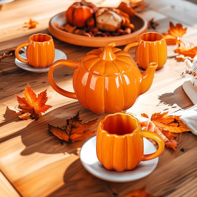 Mimorou Thanksgiving Pumpkin Tea Set Ceramic Teapot with 2 Mugs and Tea Mug Orange Ceramic Pumpkin Shaped Teapot Set for Thanksgiving Halloween Christmas Birthday Gift