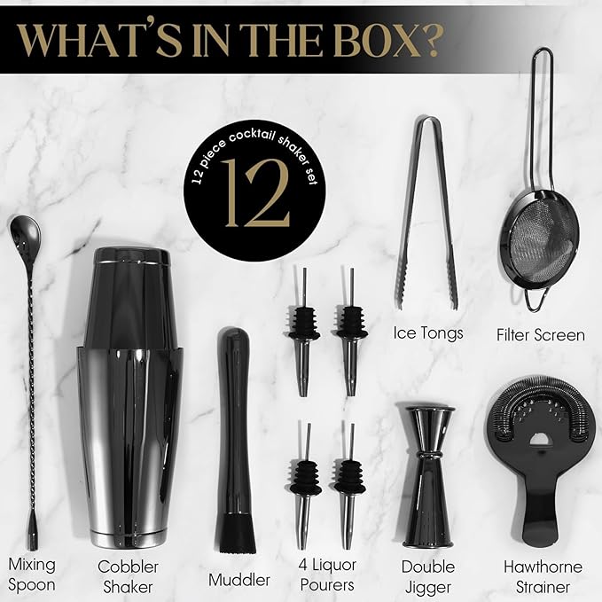 Black Cocktail Shaker Set 12-Piece - Stainless Steel Mixology Bartender Kit with 30oz+20oz Boston Shaker Tins, Japanese Jigger, Hawthorne Strainer for Home Bartending | Christmas