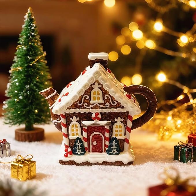 Ceramic Christmas Coffee Pot, 3D Hand-Painted Gingerbread House Teapot, Holiday Gifts and Desktop Decoration