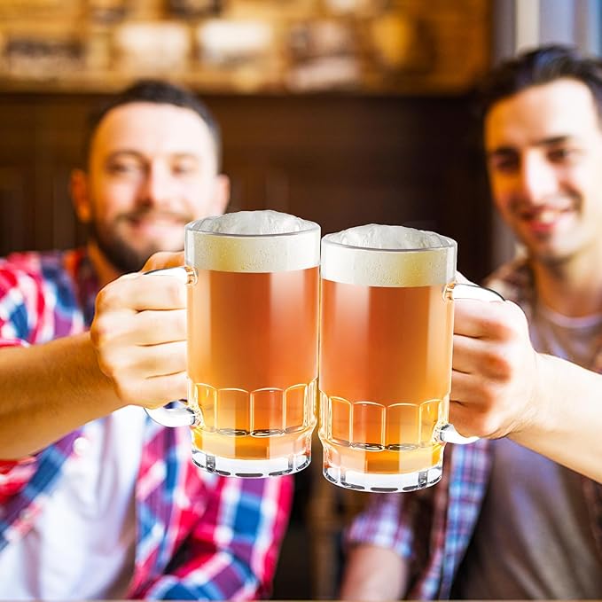 20 OZ Beer Stein Mugs, German Clear Large Tall Beer Glasses With Handle for Men, Vertical Bar Mug Set of 2