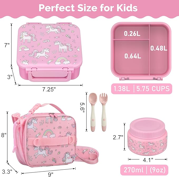 Kids Lunch Box Set with Bento Box, 9oz Stainless Steel Thermos & Insulated Lunch Bag – Hot & Cold Leakproof Lunch Container with Utensils for School & Travel, Pink Set
