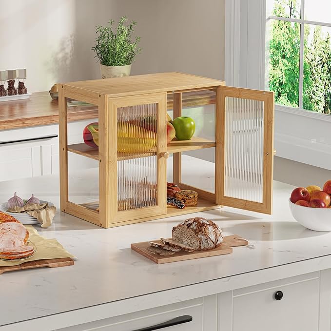 BAMBANG Double Layer Bamboo Bread Box for Kitchen Counter, Bread Bin Farmhouse Large Bread Box with 2 Doors, Wooden Breadbox Storage Container Holder for Homemade Bread, Natural