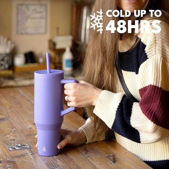 Elemental 40 oz Tumbler with Handle and Straw - Spill Proof Insulated Stainless Steel Commuter for Hot and Cold Beverages - Travel Coffee Mug with 2 Straws & Spill Proof Lid - 40oz - Lavender