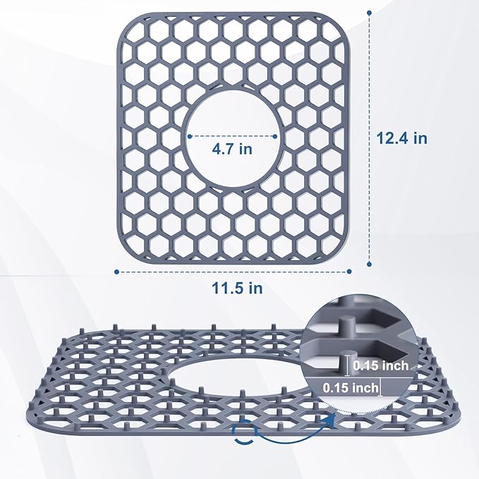 Silicone Sink Protectors for Kitchen Sink - 12" x 11" Kitchen Sink with Center Drain Grid Accessory, Non-Slip Heat-Resistant Mat for Bottom of Porcelain Stainless Steel, Dishwasher Safe