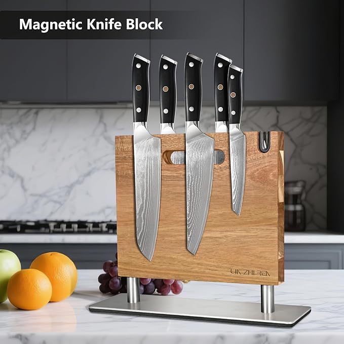Magnetic Knife Block, Thickened Acacia Knife Holder, Strong Magnetic Suction Cup with Knife Sharpener, Double-Sided Kitchen Knife Storage Rack for Kitchen Countertops
