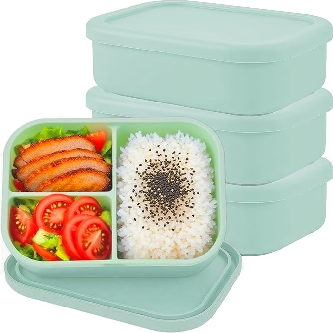 Silicone Adult Bento Box, 3 Compartment Leakproof Silicone Lunch Container, Lunch Box for Men and Women, BPA-Free, Microwave/Dishwasher/Freezer Safe, Reusable Snack Containers (3PCS-Green)