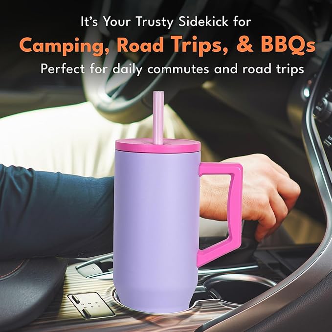 Elemental 40 oz Tumbler with Handle and Straw - Spill Proof Insulated Stainless Steel Commuter for Hot and Cold Beverages - Travel Coffee Mug with 2 Straws & Spill Proof Lid - 40oz - Lilac Tie Dye