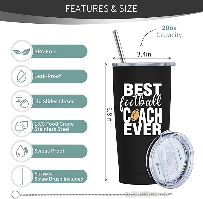 Football Coach Gifts for Men Women - Best Football Coach Ever Gifts - Coach Appreciation Tumbler, 20 oz Insulation Stainless Steel