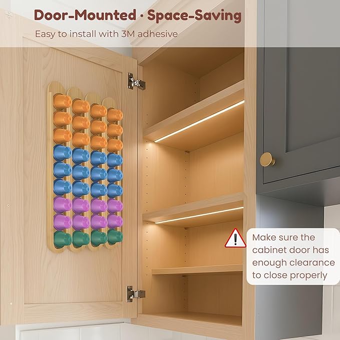 Bamboo Coffee Pod Holder, Adhesive Wall Mount for Cabinet Door, 36-Capsule Storage (Set of 4) — Vertical/Horizontal — Compatible with Nespresso Original Line-Bamboo Brown