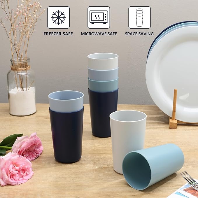 BEWOS 8 PCS 13.5 OZ Plastic Cups Set - BPA-Free Plastic Tumblers Cups Reusable, Unbreakable Drinking Cup, Lightweight Stackable Cups, Cup for Kitchen, Dishwasher/Microwave Safe