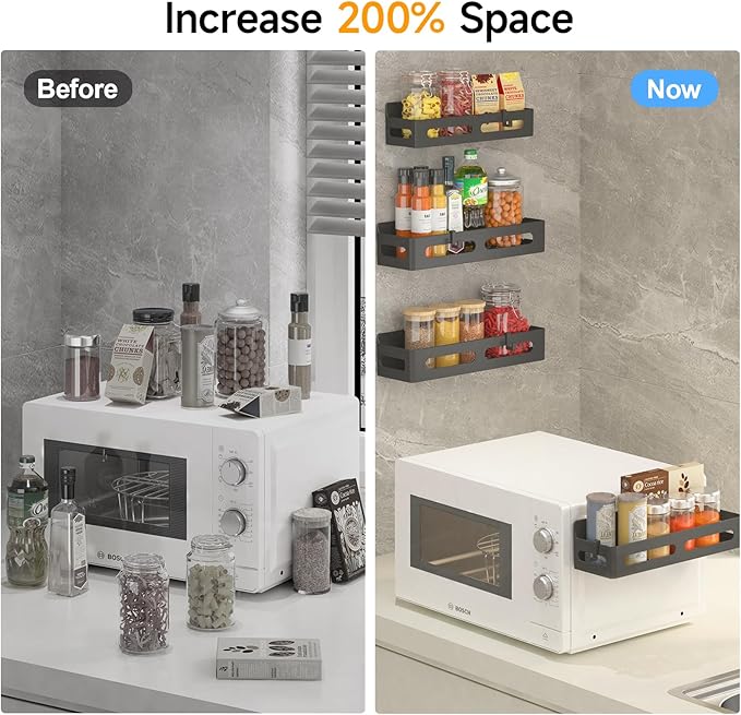 2 Pack Magnetic Spice Rack for Refrigerator, Spice Rack Organizer, Moveable Magnetic Shelf Fridge Organizer with 4 Hooks for Kitchen and Oven Organization, Black