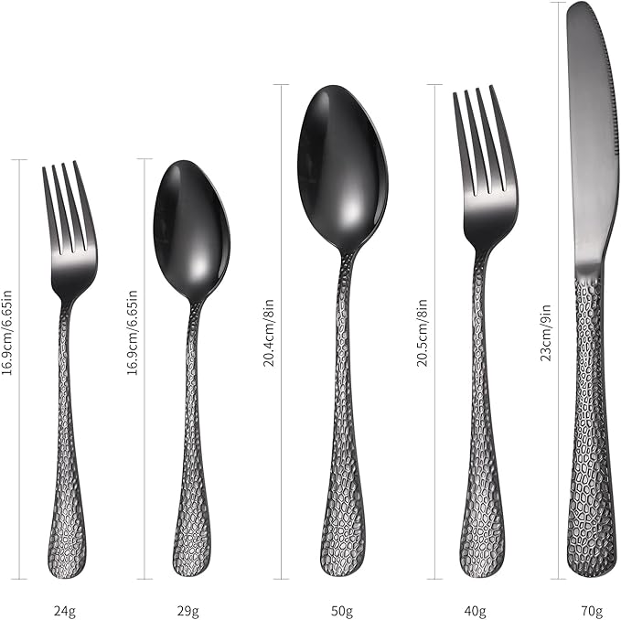 Black Hammered Silverware Set 8 Stainless Steel Flatware Vintage 40 piece include Knife Fork Spoon Proper Weight for Parties Restaurant Utensils and Kitchen Daily Use