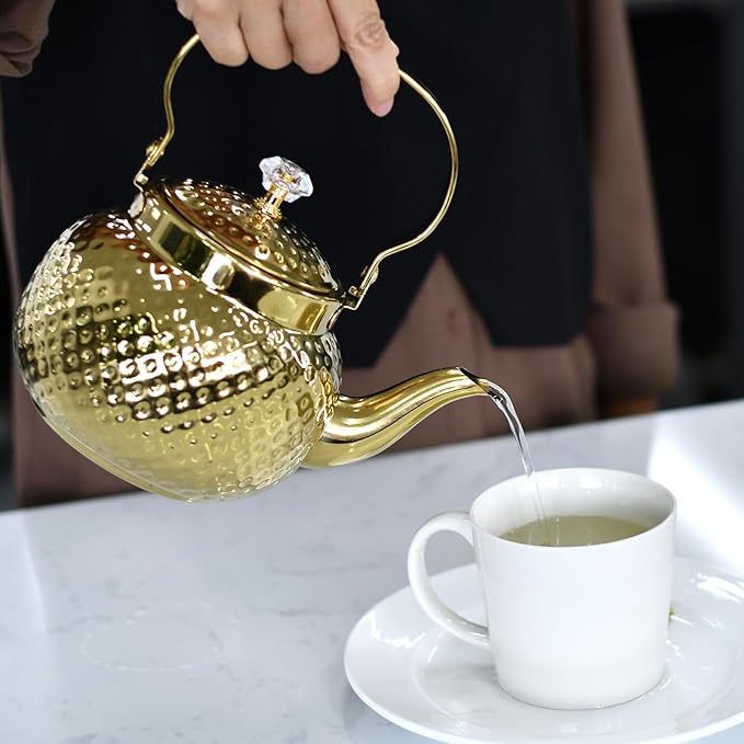 Hammered Tea Kettle, Stainless Steel Tea/Coffee Pot Loose Leaf Teapot for Tea, Milk, Coffee, 1.2L Teapot with Strainer Stovetop Tea Kettle, Outdoor Travel Supplies, Gift For Tea (Gold)