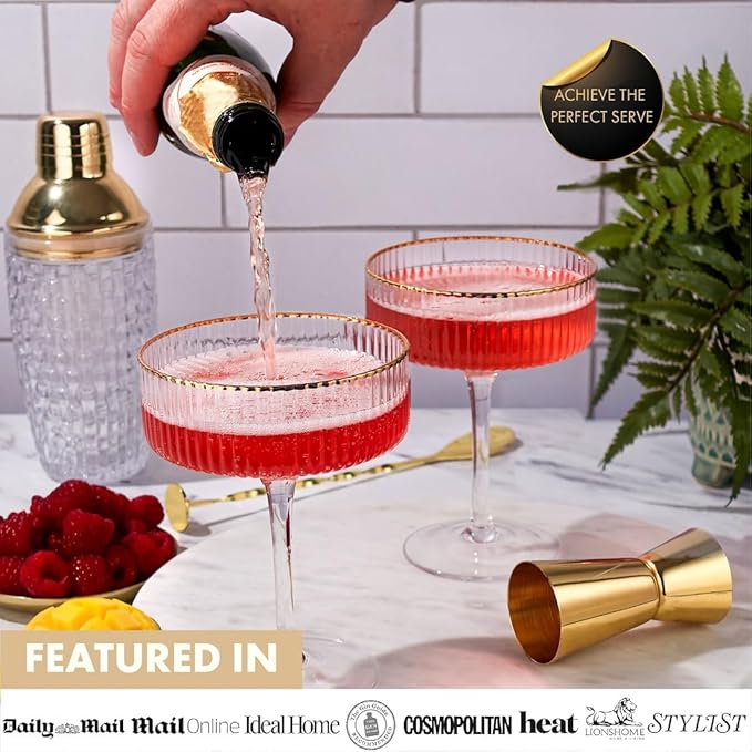 VEMACITY - Ribbed Espresso Martini Glasses Set of 4 with Gold Rims - Vintage Cocktail Glasses for Margaritas, Champagne and More - Includes Jigger & Bar Spoon | Ideal for Christmas & New Years