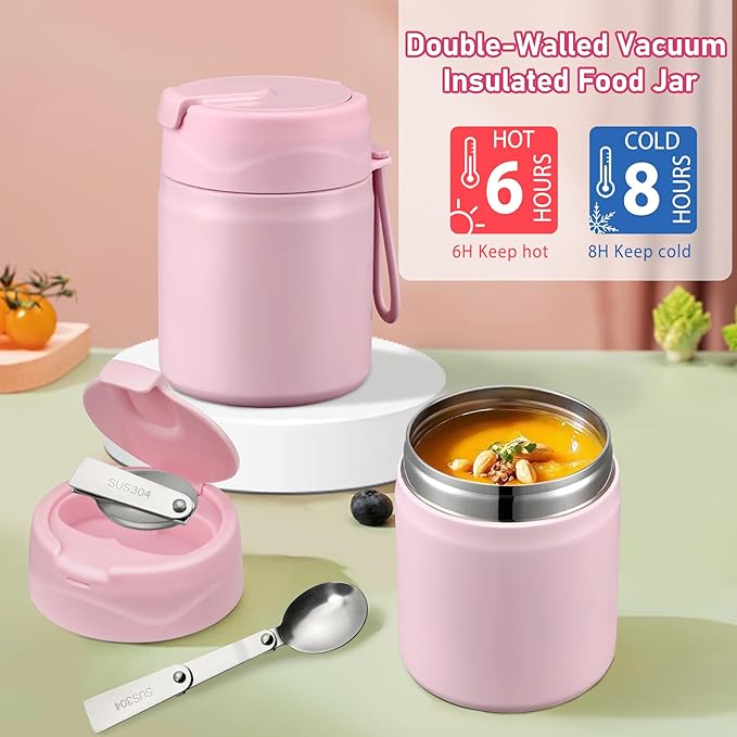 Bento Lunch Box for Kids with 17oz Soup Thermo,Insulated Tumbler Water Bottle and Insulated Lunch Bag,Leak-Proof 3 Compartment Lunch Food Container with Ice Pack for Kids to School-Pink