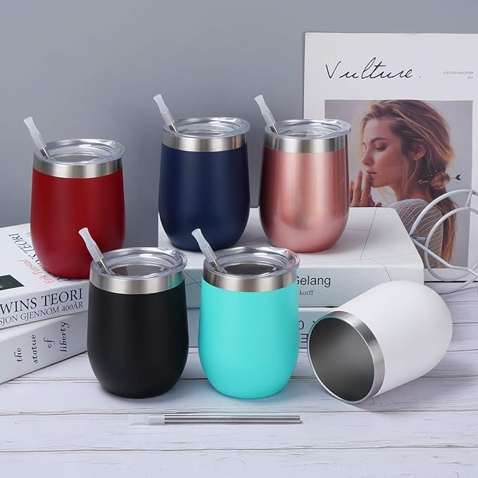 Qtencas 6 Pack Stainless Steel Wine Tumbler Wine Glass, 12 Oz Double Wall Vacuum Insulated Stemless Wine Tumbler with Lid Straw, Set of 6 Cups for Wine, Coffee, Cocktail, Ice Cream, Mix Color